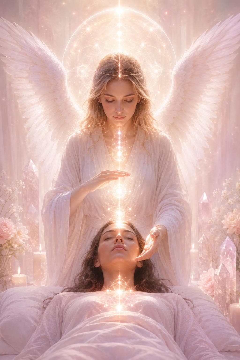 An illustration of an angelic healer with open wings, hands held above a woman resting on a healing table as light passes between them.